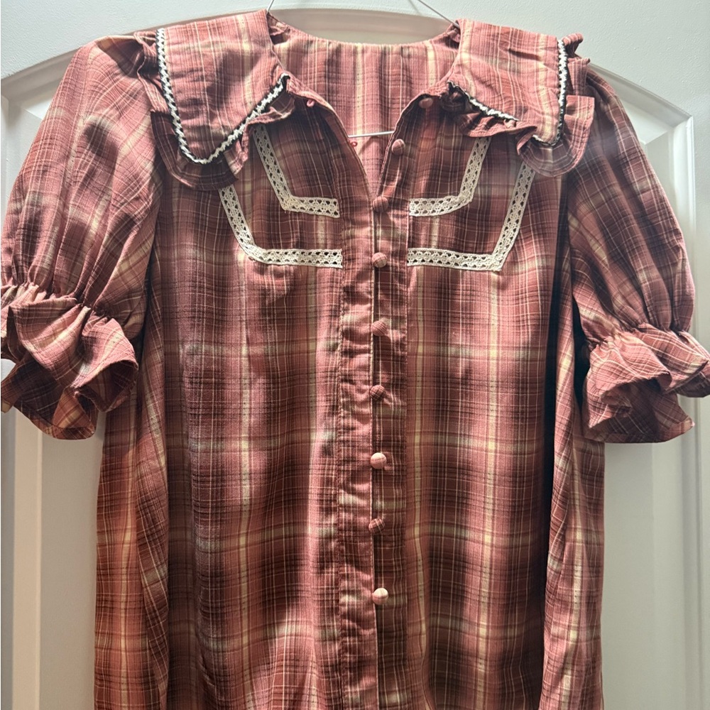 Plaid Button-Front Ruffled Collar Blouse
